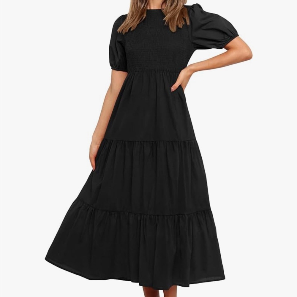 Puff Sleeve Midi Dress in Black